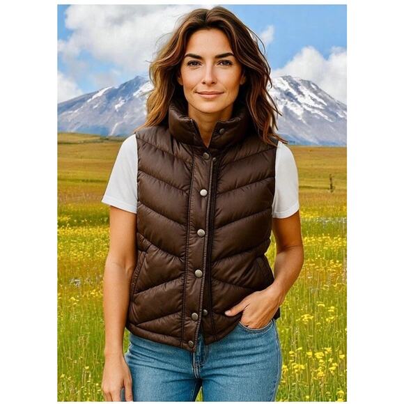 J Crew Brown Puffer DOWN Vest Zip And Snap, Pockets Women’s Large - Picture 1 of 13